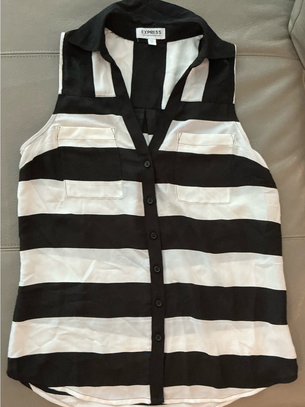 Express Black and White Striped Sleeveless Button-Down Blouse